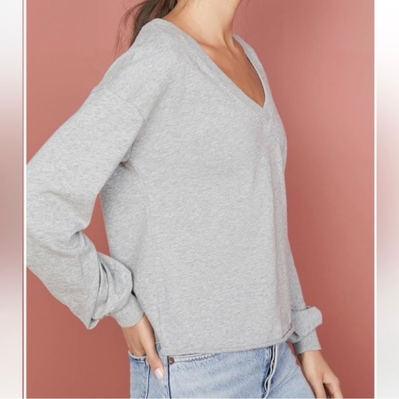 Nation LTD. Willa Bishop Sleeve Grey V-Neck Knit 100% Cotton Pullover Top Size S - Picture 2 of 12